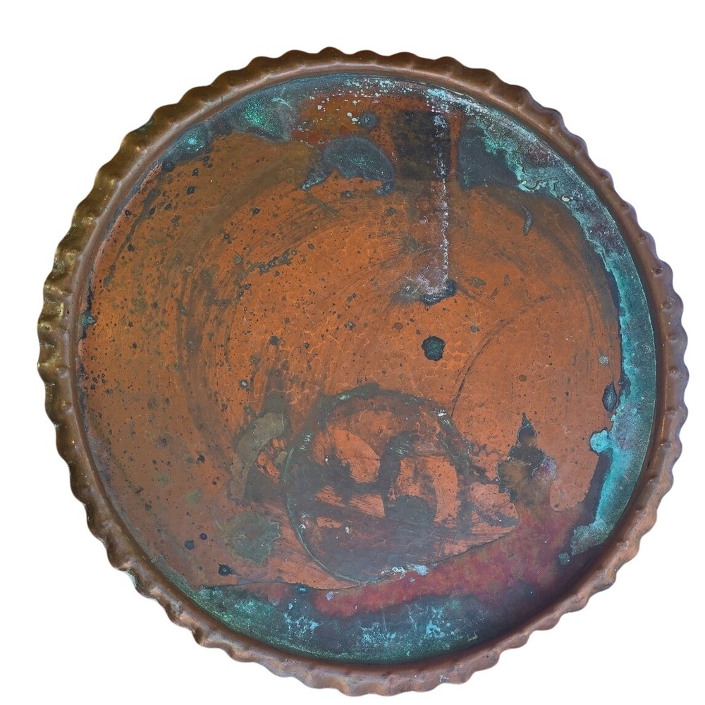 Vintage Hand Hammered Copper Tray Round Scalloped Edge Heavy Patina 12 Inch